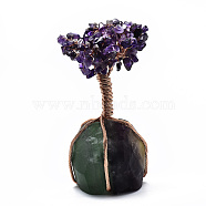 Natural Amethyst Chips and Fluorite Pedestal Display Decorations, Healing Stone Tree, for Reiki Healing Crystals Chakra Balancing, with Rose Gold Plated Aluminum Wires, Lucky Tree, 140~155x80~105x60~67mm(G-R461-08B)