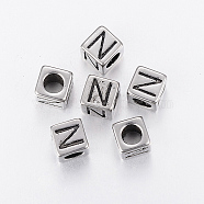 304 Stainless Steel Large Hole Letter European Beads, Cube with Letter.N, Antique Silver, 8x8x8mm, Hole: 5mm(STAS-H428-01AS-N)