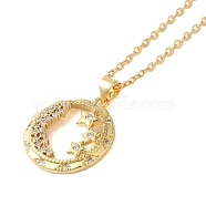 Brass Pave Cubic Zirconia Flat Round with Star Pendant Necklaces for Women, Real 18K Gold Plated, Clear, 18.43 inch(468mm)(NJEW-S429-02G-02)