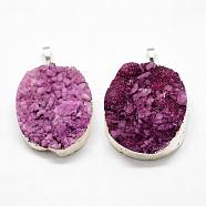 Electroplated Natural & Dyed Druzy Agate Pendants, with Silver Plated Brass Findings, Purple, 39~75x25~50x10~20mm, Hole: 8x5mm(G-N0167-023A-04)