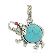 Elephant Antique Silver Plated Alloy Dyed Synthetic Turquoise Pendants, with Rhinestones, SkyBlue, 23.5x32x6mm, Hole: 5x7mm(PALLOY-J631-01AS)