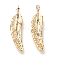 Brass Micro Pave Clear Cubic Zirconia Pendants, Long-Lasting Plated, Feather, Golden, 49x12x2mm, Jump Ring: 5x0.7mm, 3mm Inner Diameter(ZIRC-K086-18G)