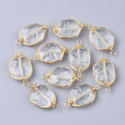 Natural Quartz Crystal Links Connectors, Rock Crystal, Wire Wrapped Links, with Golden Tone Brass Wires, Rectangle, 21x11x5mm, Hole: 1.5mm(G-S359-044)