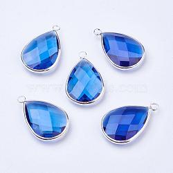 Silver Color Plated Brass Glass Teardrop Pendants, Faceted, Dodger Blue, 18x10x5mm, Hole: 2mm(GLAA-M006-A-21S)