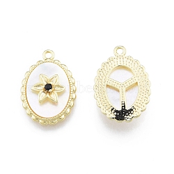 Ion Plating(IP) Shell Pendants, with Brass Findings and Glass, Oval with Flower, Real 18K Gold Plated, 22x15x4mm, Hole: 1.6mm(KK-C006-12G)