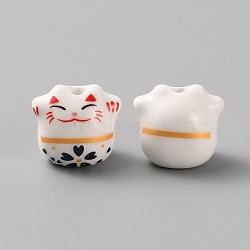 Handmade Porcelain Beads, Famille Rose Porcelain, for DIY Accessories, Fortune Cat, White, 13x14x11mm, Hole: 2mm(PORC-WH0006-02H)