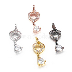 Brass Micro Pave Cubic Zirconia Pendants, Key, Mixed Color, 17x8x3mm, Hole: 3mm(ZIRC-P060-32)