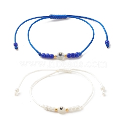 2Pcs Flat Round with Heart Acrylic Braided Bead Bracelets Set with Glass Seed, Luminous Beaded Stackable Adjustable Bracelets for Women, Blue & White, Inner Diameter: 2~3-3/8 inch(5~8.7cm)(BJEW-JB08034-05)