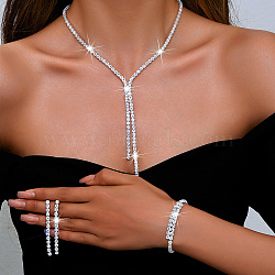 Alloy Rhinestone Tassels Chain Necklaces & Stud Earrings & Chain Bracelets Sets, Silver, 300mm(FS-WGCC11C-02)