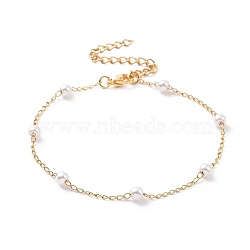 Round Plastic Imitation Pearl Beaded Bracelets, with Vacuum Plating 304 Stainless Steel Curb Chains, White, Golden, 7-1/8 inch(18.2cm)(BJEW-E054-10G)