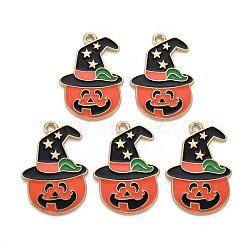 Rack Plating Alloy Enamel Pendants, Cadmium Free & Nickel Free & Lead Free, Pumpkin, for Halloween, Light Gold, Orange Red, 30x20.5x2mm, Hole: 2mm(ENAM-S126-066-NR)