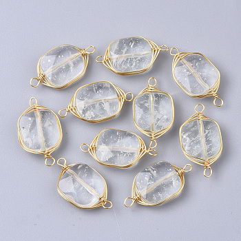 Natural Quartz Crystal Links Connectors, Rock Crystal, Wire Wrapped Links, with Golden Tone Brass Wires, Rectangle, 21x11x5mm, Hole: 1.5mm