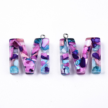 Transparent Epoxy Resin Pendants, with Shell Slices and Loops, Alphabet, Letter.M, 30x29x7mm, Hole: 1.6mm