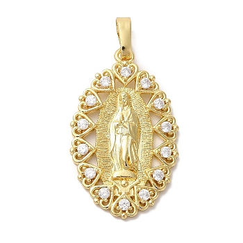 Brass Micro Pave Cubic Zirconia Pendants, Long-Lasting Plated, Cadmium Free & Lead Free, Oval with Virgin Mary, Real 18K Gold Plated, 28x17x2.5mm, Hole: 6.5x3.5mm