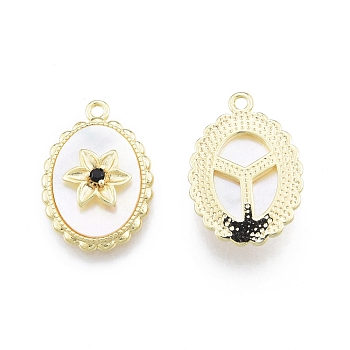 Ion Plating(IP) Shell Pendants, with Brass Findings and Glass, Oval with Flower, Real 18K Gold Plated, 22x15x4mm, Hole: 1.6mm