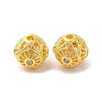 Rack Plating Brass Pave Cubic Zirconia Beads, Long-Lasting Plated, Round, Real 18K Gold Plated, 9.5x9mm, Hole: 1.6mm
