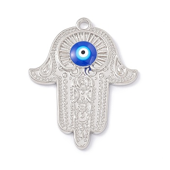 Alloy Enamel Pendants, with Crystal Rhinestone, Hamsa Hand with Evil Eye Charms, Blue, Platinum, 38x29.5x3mm, Hole: 2.4mm