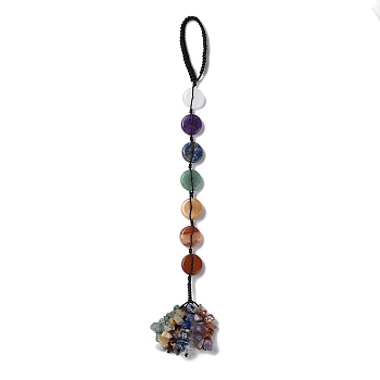 7 Chakra Flat Round Natural Gemstone Pendant Decoration, Braided Thread and Gemstone Chip Tassel Hanging Ornaments, 247mm