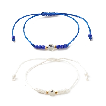 2Pcs Flat Round with Heart Acrylic Braided Bead Bracelets Set with Glass Seed, Luminous Beaded Stackable Adjustable Bracelets for Women, Blue & White, Inner Diameter: 2~3-3/8 inch(5~8.7cm)