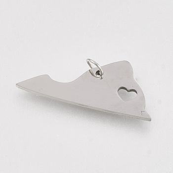201 Stainless Steel Pendants, Map of Virginia, Stainless Steel Color, 10x24x1mm, Hole: 3mm