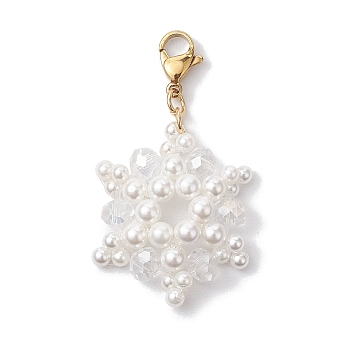 Christmas Snowflake Shell Pearl & Glass Pendants Decorations, Lobster Clasp Charms for Bag Ornaments, Golden, 47.5mm