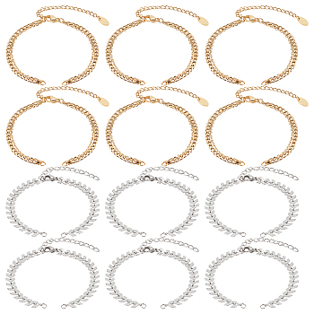 12Pcs 2 Style 304 Stainless Steel  Chain & Brass Cable Chain Bracelet Making, with 304 Stainless Steel Curb Chain Extender and Jump Rings, Golden & Stainless Steel Color, 5-7/8~6-1/8 inch(15~15.7cm), 6pcs/style