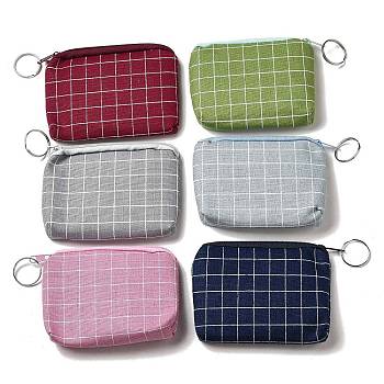 Tartan Print Cotton Cloth Wallets with Alloy Zipper, Rectangle with Iron Ring, Mixed Color, 9x11x0.9cm
