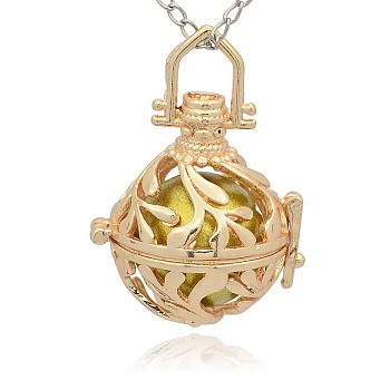 Golden Tone Brass Hollow Round Cage Pendants, with No Hole Spray Painted Brass Round Ball Beads, Dark Khaki, 36x25x21mm, Hole: 3x8mm