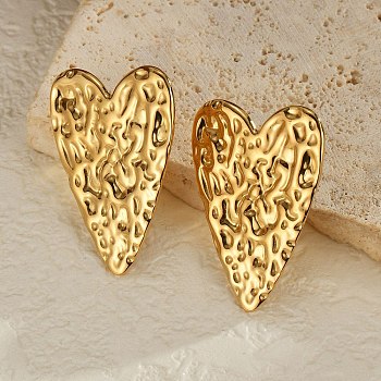 304 Stainless Steel Stud Earrings for Women, Heart with Textured, Real 18K Gold Plated, 33x24mm