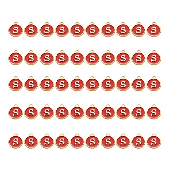 Golden Plated Alloy Charms, with Enamel, Enamelled Sequins, Flat Round, Red, Letter.S, 14x12x2mm, Hole: 1.5mm, 50pcs/Box