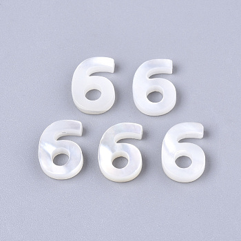 Natural White Shell Mother of Pearl Shell Charms, Number, Num.6, 10x7x2mm, Hole: 0.8mm