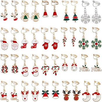 ANATTASOUL 20Pairs 20 Styles Christmas Tree & Bell & Deer & Snowman Enamel Dangle Clip-on Earrings, Light Gold Alloy Jewelry for Women, Mixed Color, 27.5~34mm, 1 Pair/style