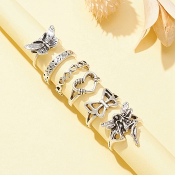 6Pcs 6 Style Butterfly & Heart & Chain Shape Alloy Stackable Rings Set, Gothic Jewelry for Women, Antique Silver, Inner Diameter: 16~17.3mm, 1Pc/style