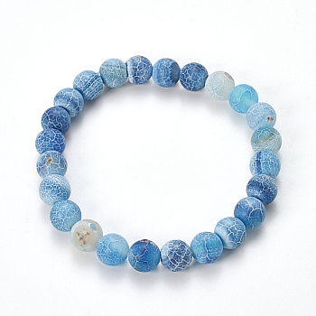 Natural Weathered Agate Beaded Stretch Bracelets, Frosted, Dyed, Round, Cornflower Blue, 2-1/8 inch(55mm)