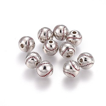Brass Enamel Beads, Sports Beads, Long-Lasting Plated, Baseball, Real Platinum Plated, 9.3x9mm, Hole: 2.1mm