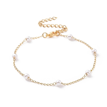 Round Plastic Imitation Pearl Beaded Bracelets, with Vacuum Plating 304 Stainless Steel Curb Chains, White, Golden, 7-1/8 inch(18.2cm)