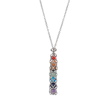 Natural Mixed Gemstone Chakra Theme Necklace, 304 Stainless Steel Macrame Pouch Pendant Necklace, Platinum, 22.95~24.65 inch(58.3~62.6cm) 