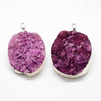 Electroplated Natural & Dyed Druzy Agate Pendants, with Silver Plated Brass Findings, Purple, 39~75x25~50x10~20mm, Hole: 8x5mm