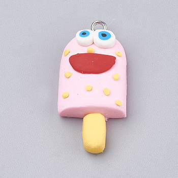 Handmade Polymer Clay Pendants, with Iron Findings, Ice Cream with Smile, Platinum, Pearl Pink, 34~35x16~17x8~9mm, Hole: 2mm