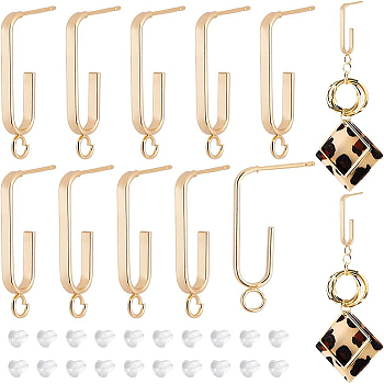 12Pcs Brass Oval Stud Earring Findings, Half Hoop Earring Findings, with Vertical Loops and 30Pcs Plastic Ear Nuts, Real 18K Gold Plated, 31x2.5mm, Hole: 3.5mm, Pin: 0.8mm
