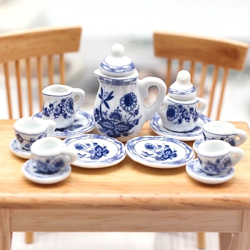 Tea Set Mini Model, Micro Landscape Dollhouse Accessories, Pretending Prop Decorations, Blue, 27x37mm