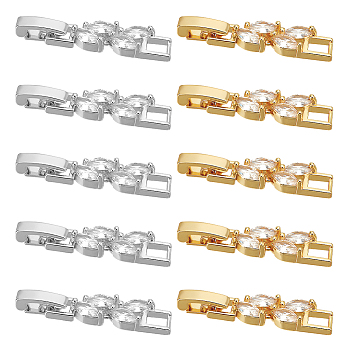 10Pcs 2 Colors Rack Plating Brass Clear Cubic Zirconia Watch Band Clasps, Cadmium Free & Lead Free, Long-Lasting Plated, Leaf, Platinum & Golden, 32x6x4mm, Hole: 3x3.7mm, 5pcs/color