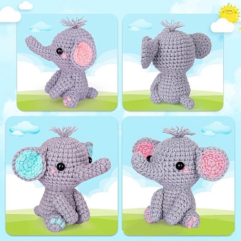 Animal Display Decoration DIY Knitting Kits for Beginners, including Doll Eye, Crochet Hook, Stitch Marker, Yarn, Instruction, Elephant, 10cm