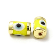 Handmade Evil Eye Lampwork Beads, with Light Gold Tone Brass Findings, Long-Lasting Plated, Lead Free and Cadimum Free, Column, Yellow, 14.5~15x9~9.5mm, Hole: 1.8mm(LAMP-M012-01LG-J)