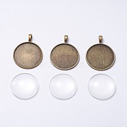 DIY Pendant Making, Tibetan Style Alloy Pendant Cabochon Settings and Transparent Glass Cabochons, Flat Round, Antique Bronze, Tray: 30mm, 42x33x2mm, Hole: 3.5x5mm, 29.5x7mm(DIY-X0098-56AB)