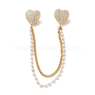 304 Stainless Steel Micro Pave Clear Cubic Zirconia & ABS Pearl Heart Hanging Chain Brooch, Golden, 180mm(JEWB-S021-09G)