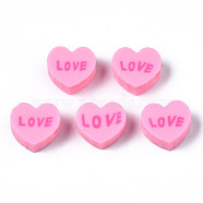 Handmade Polymer Clay Beads, Heart with Word Love, Pearl Pink, 8~8.5x9~9.5x4.5mm, Hole: 1.8mm(CLAY-N008-032F)