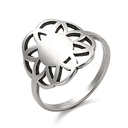 201 Stainless Steel Finger Rings, Hollow Out Flower Wide Band Rings for Women, Stainless Steel Color, US Size 6(16.5mm), Flower: 15.5x13mm(RJEW-G278-29P)