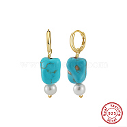 Natural Turquoise Beaded Hoop Earrings, with 925 Sterling Silver Earring Hoop, Real 14K Gold Plated, 31x10~11mm(EJEW-L294-006G)