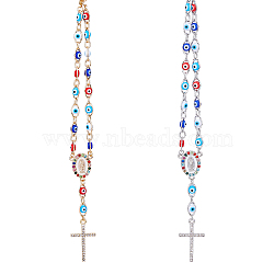 2Pcs 2 Colors Alloy Rhinestone Cross Charm Bracleet with Colorful Resin Evil Eye Beaded Chains, Rosary Beaded Bracelet with Brass Chains, Platinum & Light Gold, 10-7/8 inch(27.6cm), 1Pc/color(BJEW-DC0001-07)